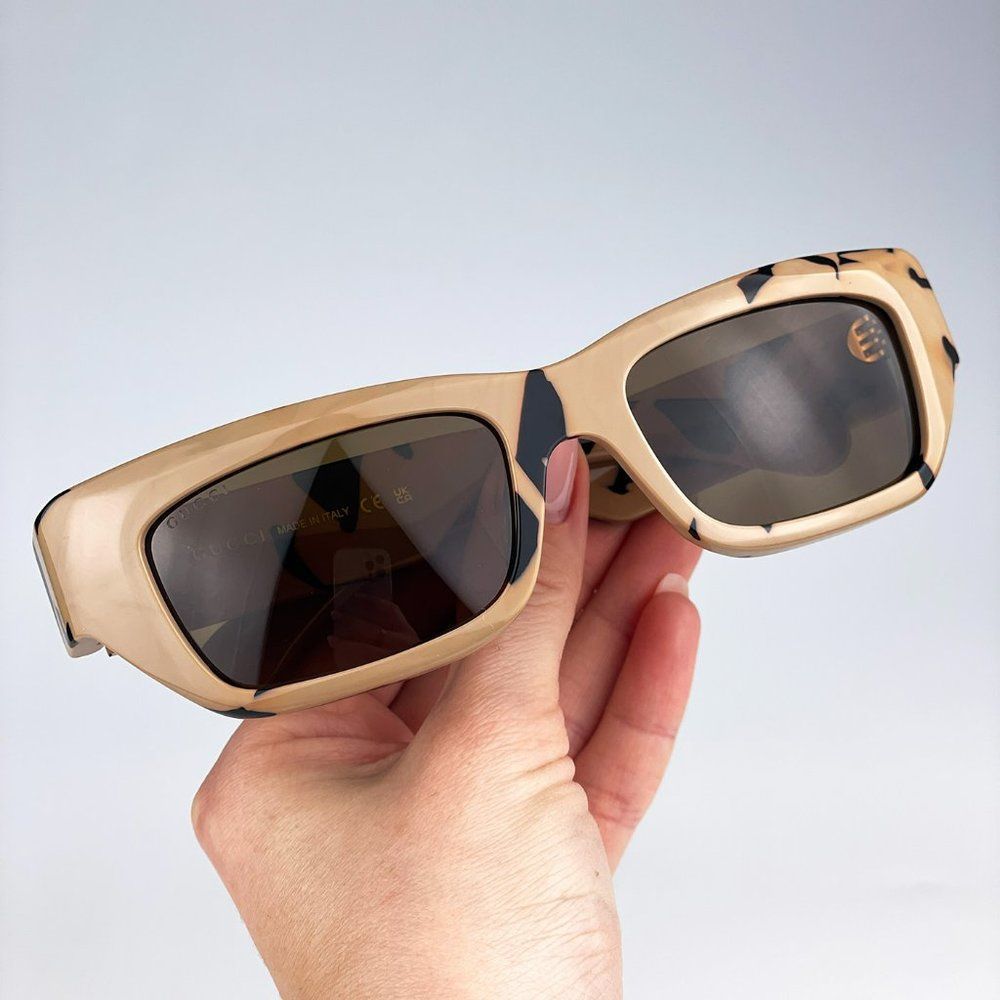 Gucci GG1296S 003 Sunglasses Black Big Spotted Havana Brown Rectangle Unisex - Picture 2 of 10